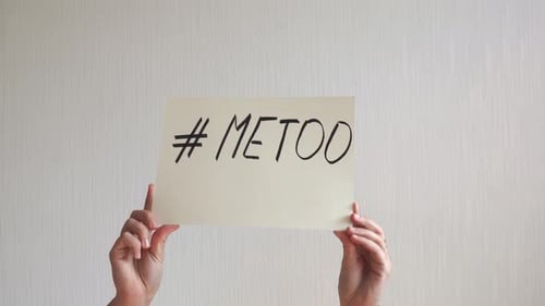 Young Woman Holding Sign with Metoo Hashtag Text. Sexual Abuse, Equal Gender Right.