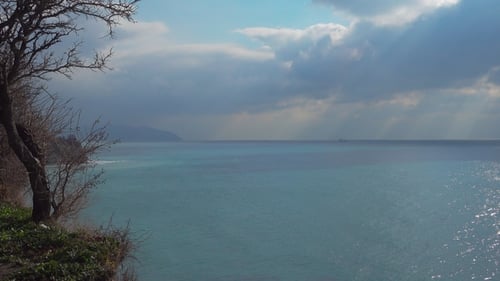 Majestic Ocean and Coast, Alone Ship in the Distance