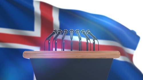 Press Conference Podium with Waving Icelandic Flag