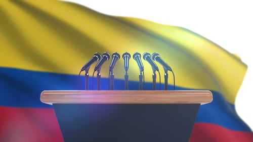 Press Conference Podium and Microphones with Waving Flag