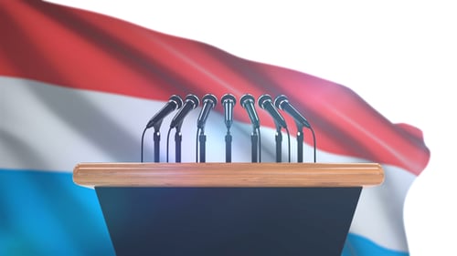 Corporate Press Conference Podium with Waving Luxembourg Flag