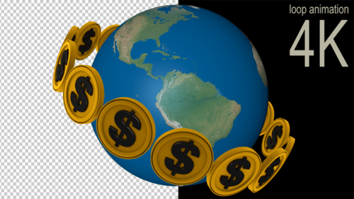 Global Finance: Dollar Coins Orbiting Earth Loop Animation