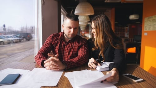 Business Woman and Business Man Is Working in Cafe , Business Concept