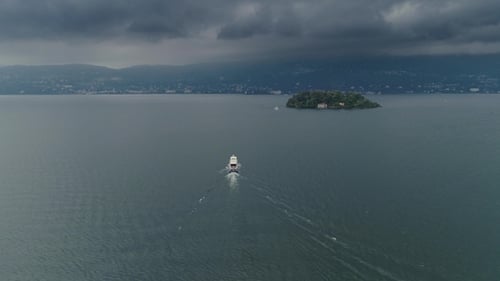 Passenger Ship Voyage on the Mountain Italy Lake, Drone Nature Flight