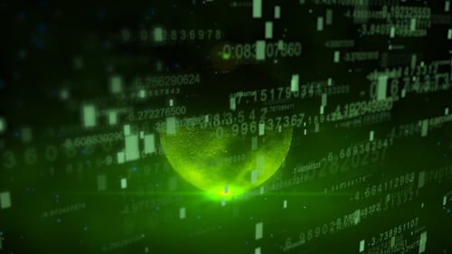 Futuristic Digital Data Stream with Glowing Green Sphere