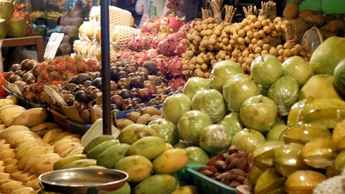 Asian Night Food Market with Exotic Fruits and Vegetables