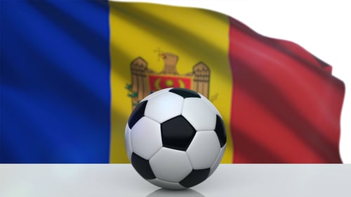 Spinning Soccer Ball with Waving Moldovan Flag Background