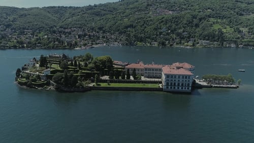 Isola Bella Castle Passenger Ship Voyage on the Mountain Italy Lake, Drone Nature Flight