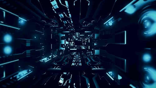 Fly Inside of Futuristic Metallic Corridor