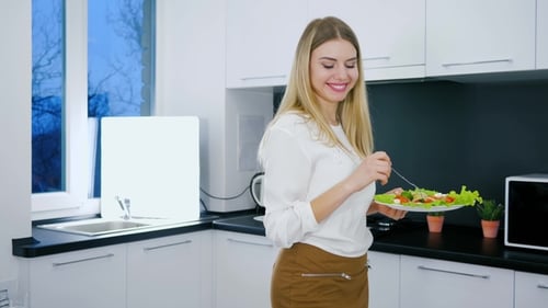 Healthy Lifestyle of Young Woman with Plate of Food Into Hand for Breakfast