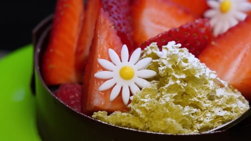Delicious Strawberry Cake Decorated with Flowers and Sugar