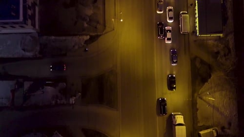 Evening Road Traffic. Night Illumination. Aerial Drone From Above View To Moving Cars. Aerial