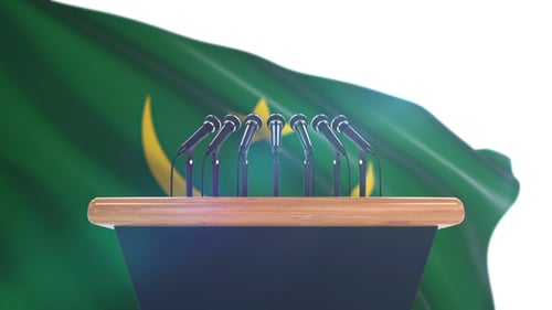 Press Conference Podium with Waving Flag Background