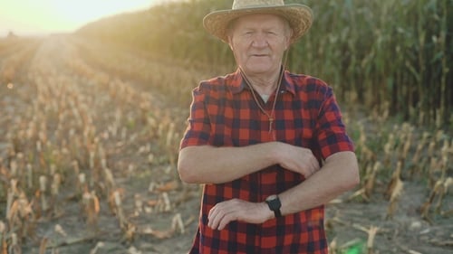 Smiling Senior Farmer in Cornfield at Sunrise