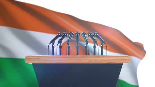 3D Podium with Microphones and Waving Indian Flag Background