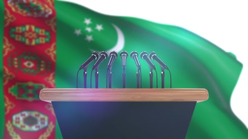 Realistic 3D Podium with Microphones and Waving Flag Animation