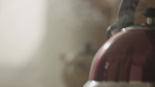 Girl Put Blue Kettle on a Kitchen Gas Stove. Stovetop Whistling Kettle in Hand