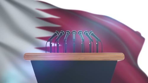 3D Podium and Microphones with Waving Qatar Flag Background