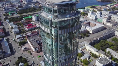 Aerial View of Reflective Office Skyscrapers and Traffic Jam in a Modern Financial District. Mirrors