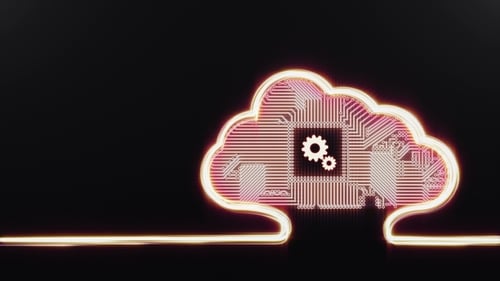 Animated Neon Cloud Computing with Circuit Board and Gears