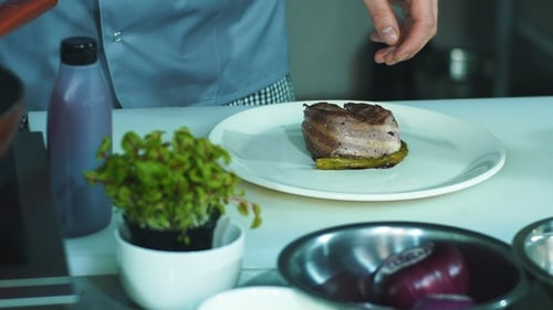 Chef Prepares Meat Dish in Commercial Kitchen