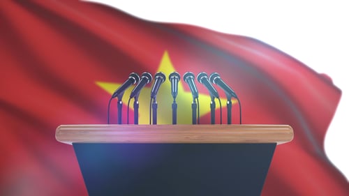 Realistic 3D Podium with Microphones and Waving Flag Background