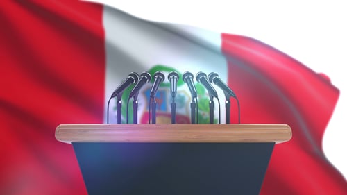 Peruvian Flag with Podium and Microphones for Press Conference