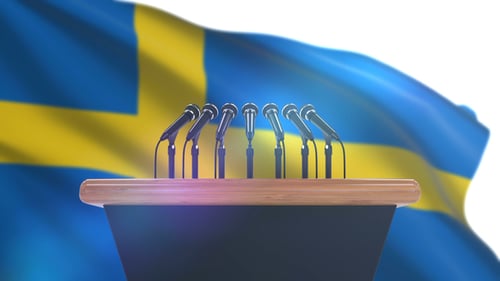 Sweden Flag and Podium with Microphones for Official Announcements