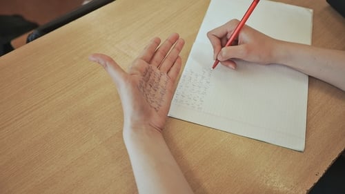 Das Schulmädchen schreibt mathematische Formeln aus einer Krippe an einer Hand ab. Schulprüfung.