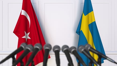 Turkey and Sweden Flags at Official Press Conference