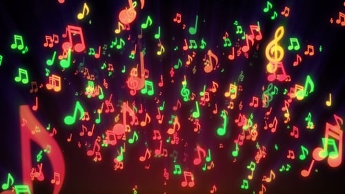 Neon Glowing Musical Notes Falling Background