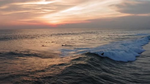 Aerial View of Surfer Riding Sunset Ocean Wave. Drone Shot Surfing Ocean Lifestyle, Extreme Sports.