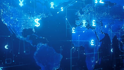 Animated Global Financial Network with Digital Currency Symbols