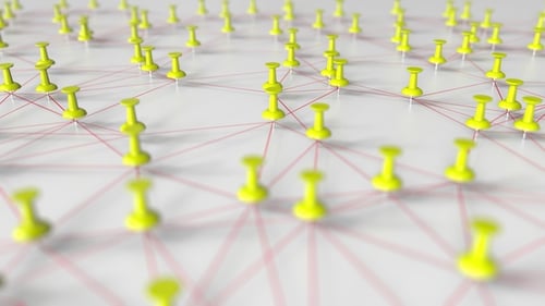 Animated 3D Network with Connected Yellow Pushpins and Red Lines