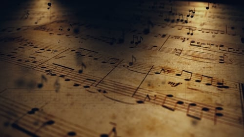 Floating Musical Notes on Vintage Sheet Music Loop Background