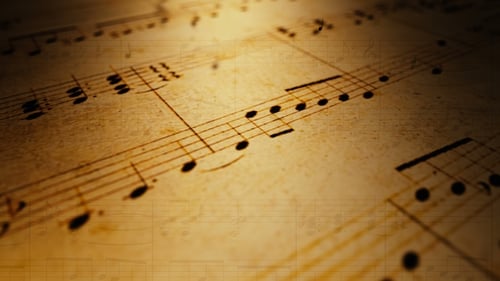 Vintage Musical Score Background with Flying Animated Notes