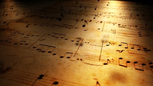 Vintage Music Score with Floating Notes Background