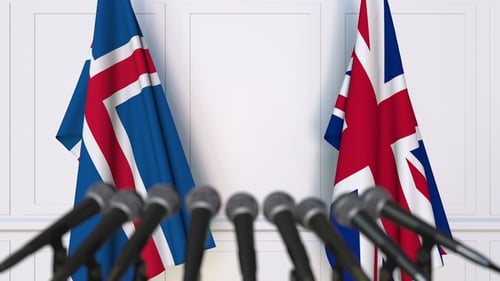 Flags of Iceland and the United Kingdom at International Press Conference