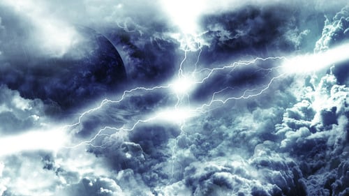 Voyagez à travers des nuages abstraits de tonnerre sombre vers la planète mystérieuse