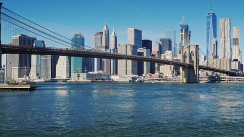 The Famous Brooklyn Bridge in New York, USA. Clear Autumn Day, Morning