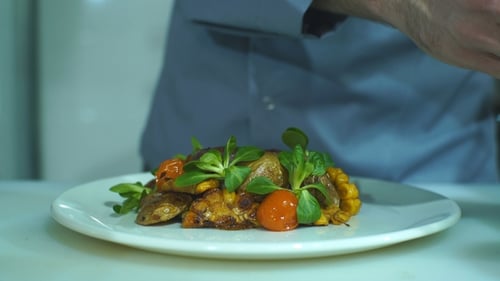 Chef Plating Fresh Food in Restaurant Kitchen