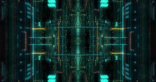 Flying over abstract motion background, a futuristic circuit board loop
