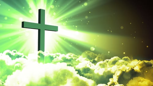 Shining Green Cross on Clouds with Divine Light Rays