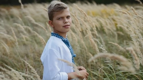 Garçon joyeux dans une belle chemise brodée debout au milieu d'un champ de blé, regarde