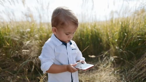 Cute Boy with Smartphone in Golden Grassy Field
