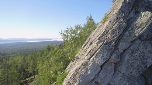 Tannen-, Birken- und Kiefernwald über Felsen von oben gesehen, Kamera hoch. Wunderschöne Sommerlandschaft