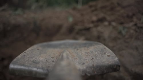 To Dig in the Shovel. Footage. Soil with Shovel View of a Shovel. , Shallow DOF. Digging Spring Soil