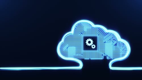 Futuristic Cloud Computing Circuit Board with Rotating Gears