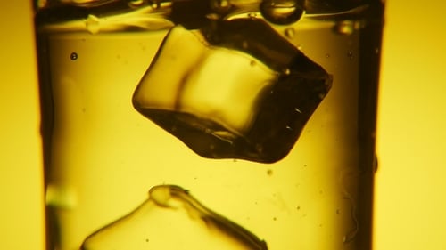 Five Cubes of Ice Are Thrown Into a Glass with Transparent Water in Studio