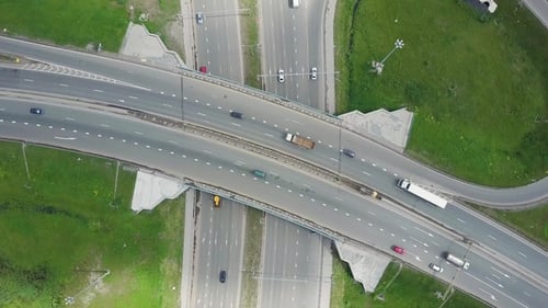 Elevated Expressway. Clip. The Curve of Suspension Bridge. Aerial View. Top View